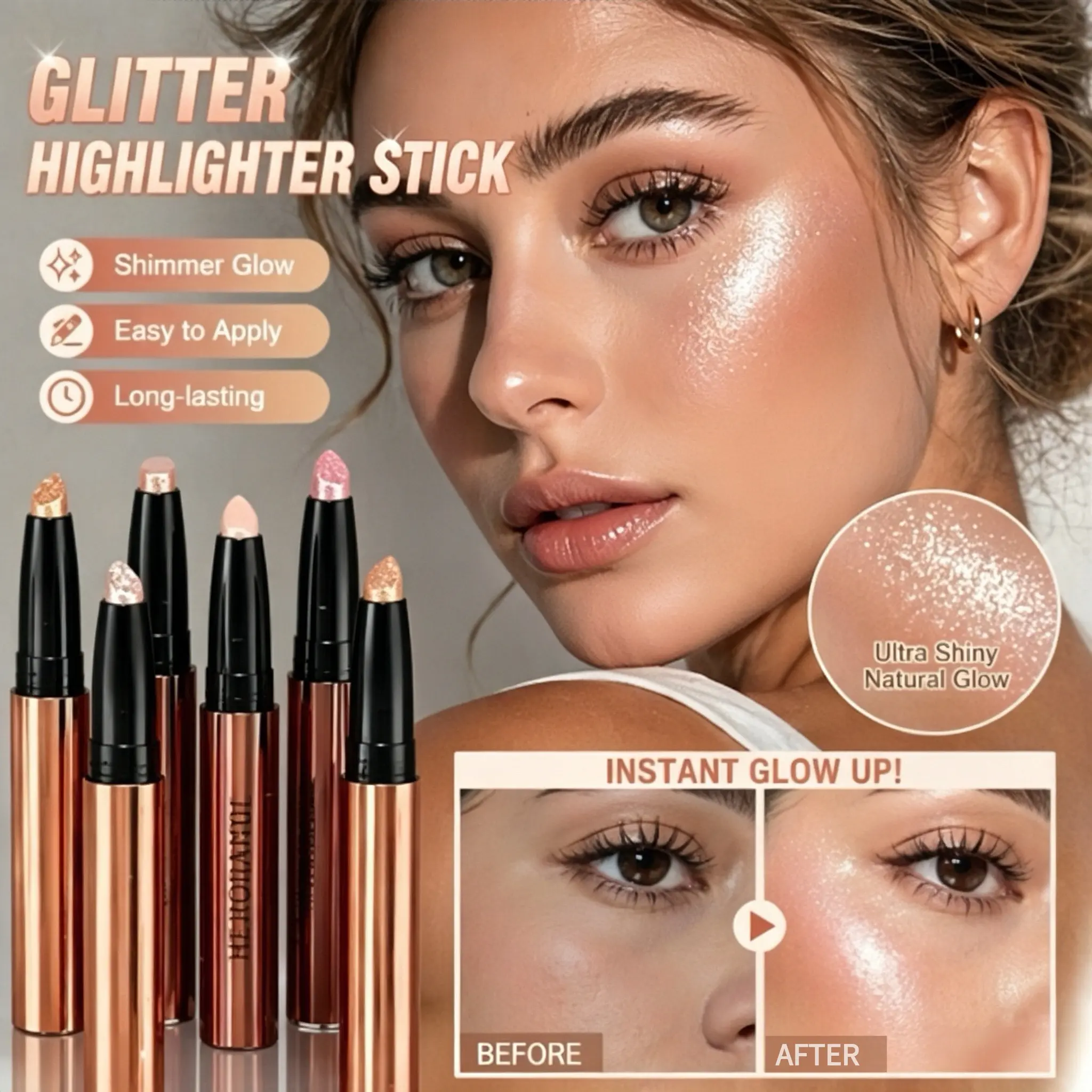 HERORANGE Glitter Highlight Brightening Pen, retractable cream-type eyeliner pen for brightening under-eye area and inner corners, waterproof, sweat-resistant, smooth and easy to blend, beginner-friendly and simple to use