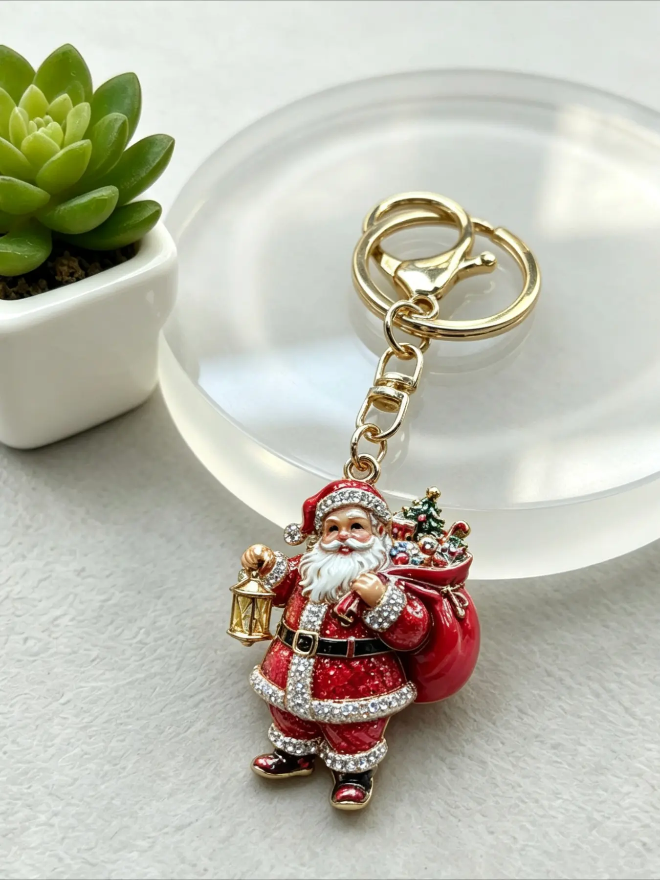 Rhinestone Christmas Santa Claus Keychain, Vintage Red Enamel Santa Gift Bag Lantern Key Ring Bag Charm Pendant, Xmas Holiday Gift for Friends