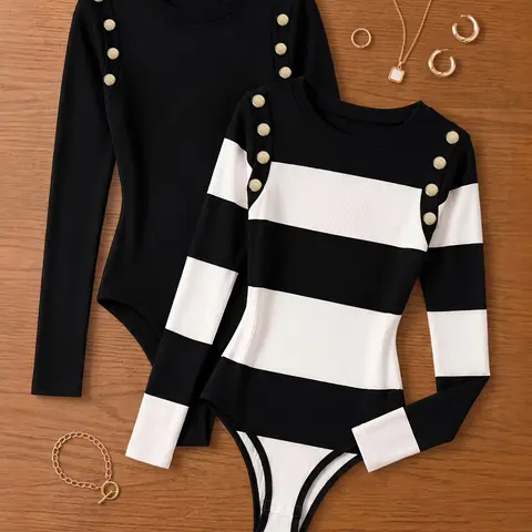 Gold Button Shoulder Striped Long Sleeve Bodysuit Women, Slim Fit Elastic Round Neck Innerwear Tight Fitted Top, Slim Fitting Bodysuit