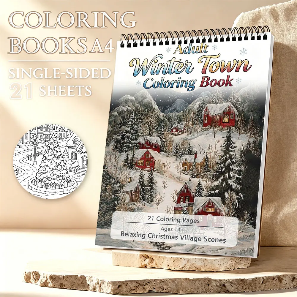 Teen Adult Winter Town Relaxing Christmas Village Scenes Cozy Coloring Book A4 Size 21 Pages Spiral Bound Thick Paper Single Sided Anxiety Relief Stress Relief Peaceful Soul Healing Calm Activity Halloween Christmas Gift