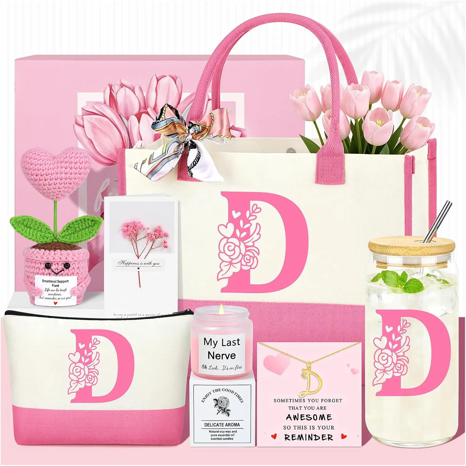 Personalized Monogrammed Customized  Birthday Gifts for Women, Initial D Birthday  Basket for Women  Day Christmas Valentines Day Ideas Present for Her Set of 7