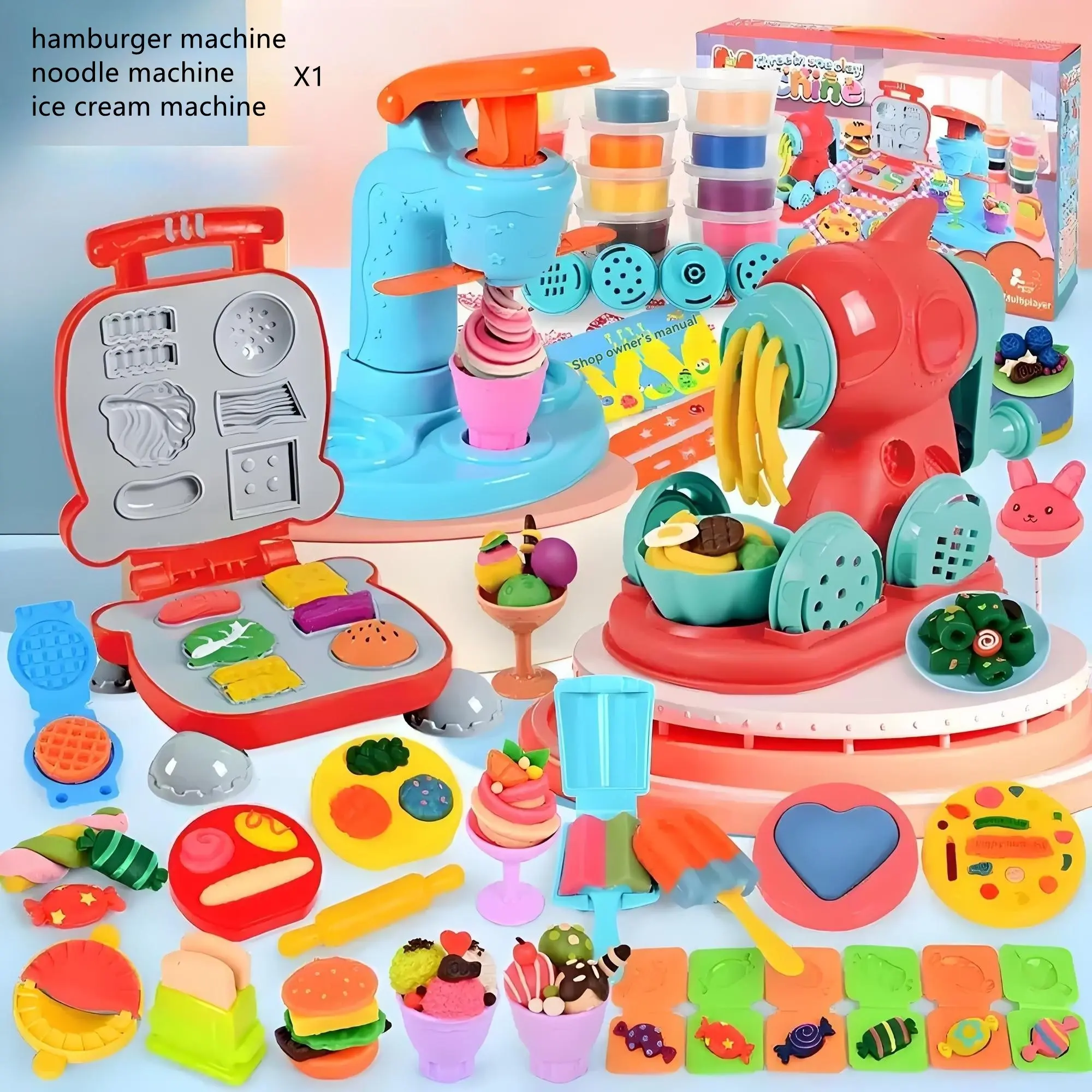 Colorful Clay Ice Cream Mold, Noodle Maker, Burger Making Set, Rubber Clay Kit, Kids Pretend Play DIY Craft Toy, Pretend Playset, Creative Fun Gift