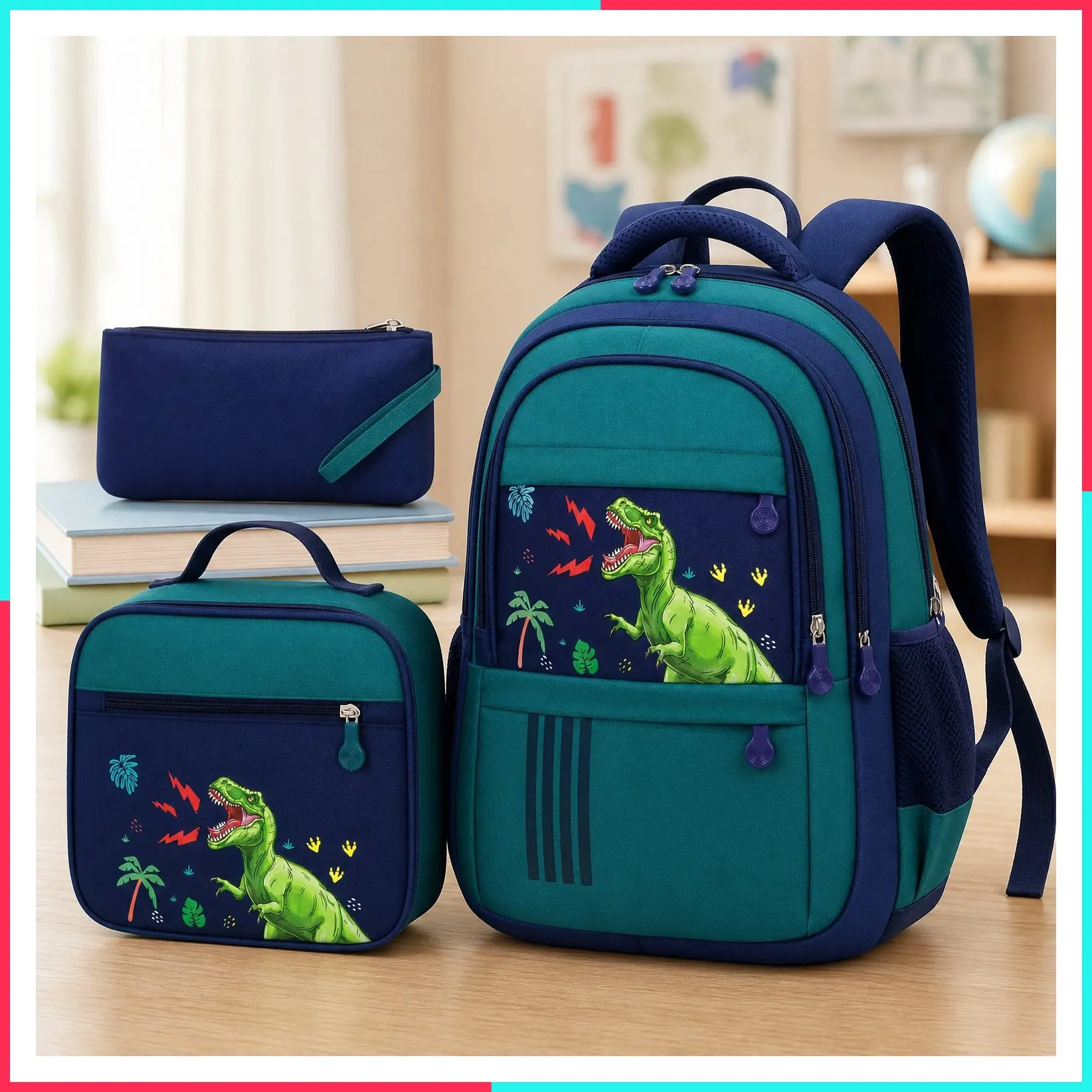 Kids Dinosaur Backpack for Boys, 3-Piece Backpack Set with Lunch Box