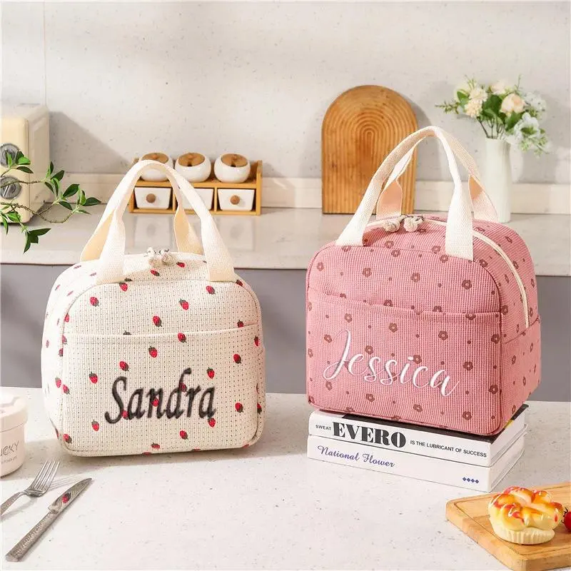 Personalized Custom Name Corduroy Lunch Bag Thermal Insulation Lunch Box Storage Handbag Kid School Cooler Bag Picnic Food Pouch