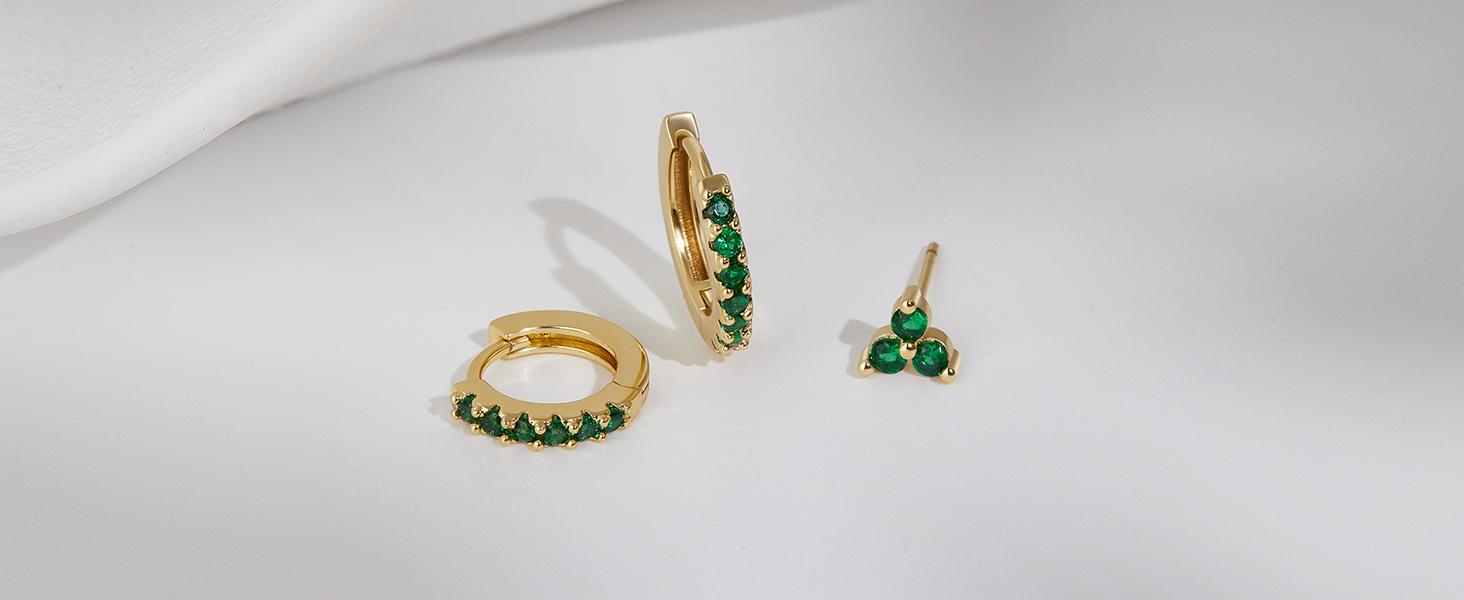 3-Pair Women's Small Hoop Earrings Set, Diamond Shamrock Stud Huggie Cartilage Earrings for Multiple Piercings, Trendy St. Patrick's Day Holiday Jewelry Gifts