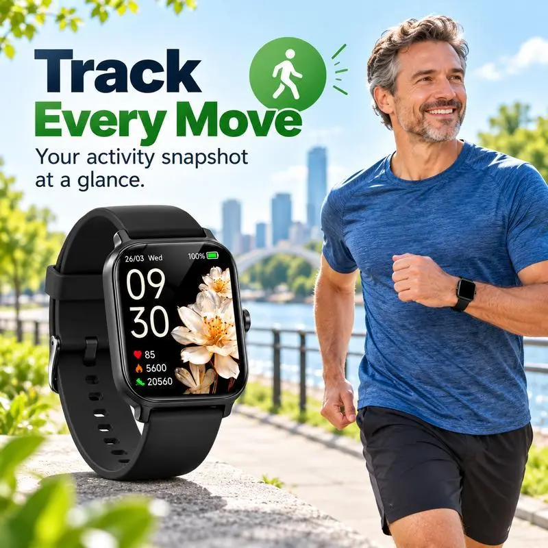 2.01-Inch Touchscreen Smartwatch for Men, Fitness Activity & Step Tracker Watch with Message Alerts, Alarm, Timer, Music Control, Comfortable Strap, iOS & Android Compatible