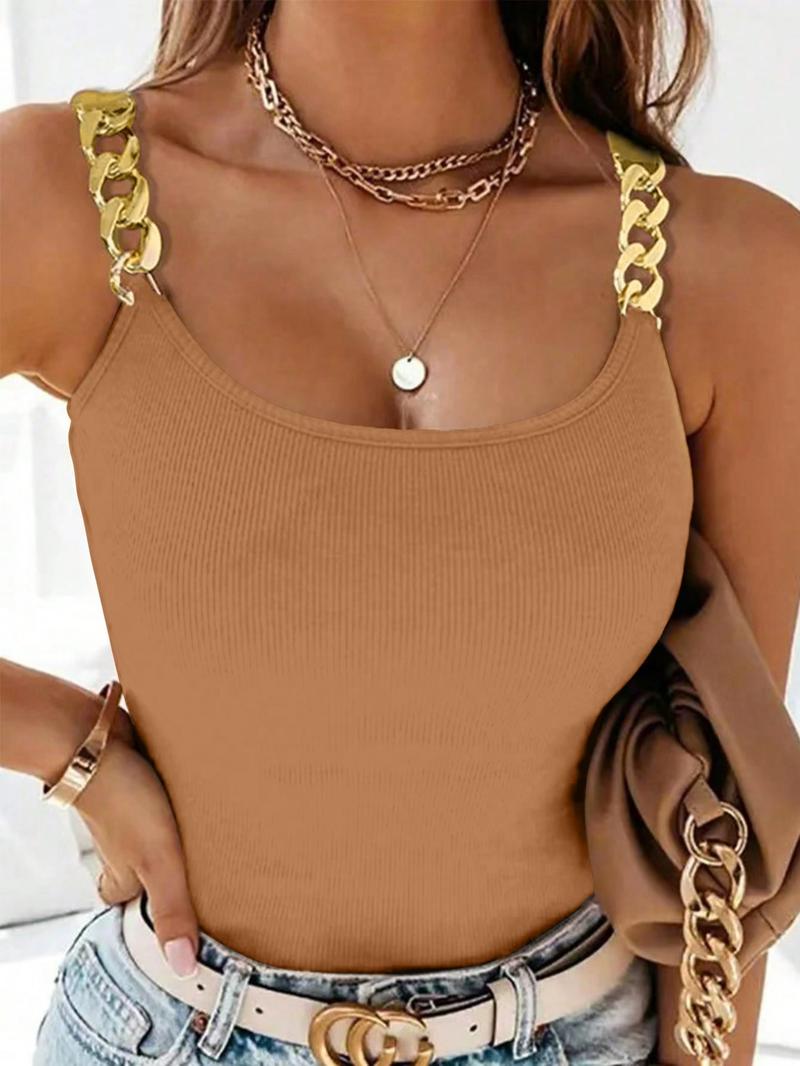 Women's Chain Decor Ribbed Tank Top, Casual Round Neck Sleeveless Top, Ladies Clothes for Daily Wear