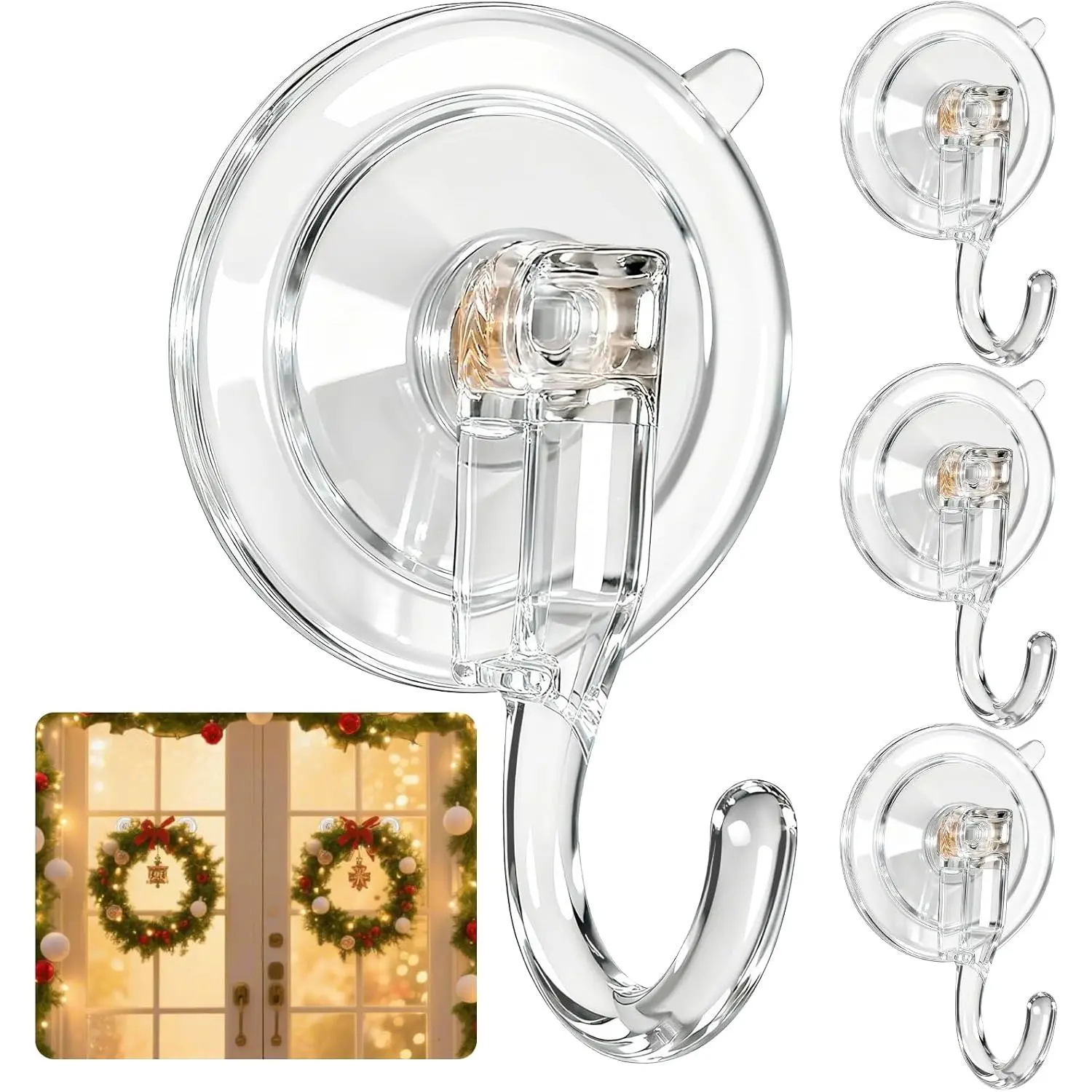 4-Pack Smooth Transparent Plastic Wreath Hangers for Front Door, Suction-Cup Hooks for Glass Window, Bath Organiser, Removable Reusable Indoor Outdoor Hooks for Easter Decorations