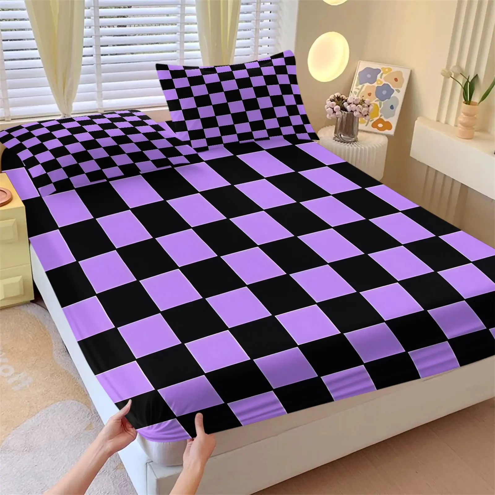 Cyberpunk Grid 3-Piece Fitted Sheet Set, 1 Fitted Sheet & 2 Coreless Pillowcases, Alternate Purple Black Plaid, Deep Pocket Design Prevent Shifting, Soft Comfortable All Season Bedding, Sweet Cool Bedroom