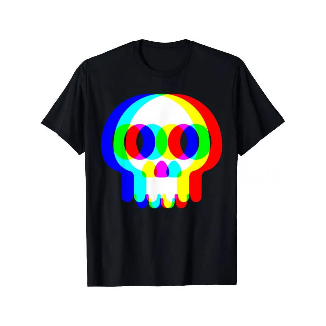 Unisex Black Crew Neck Short Sleeve T-Shirt, Trippy Neon Glitch Skull Graphic Print, Retro 80s Vaporwave Psychedelic Design, EDM Festival Casual Top For Concerts & Carnival Parties