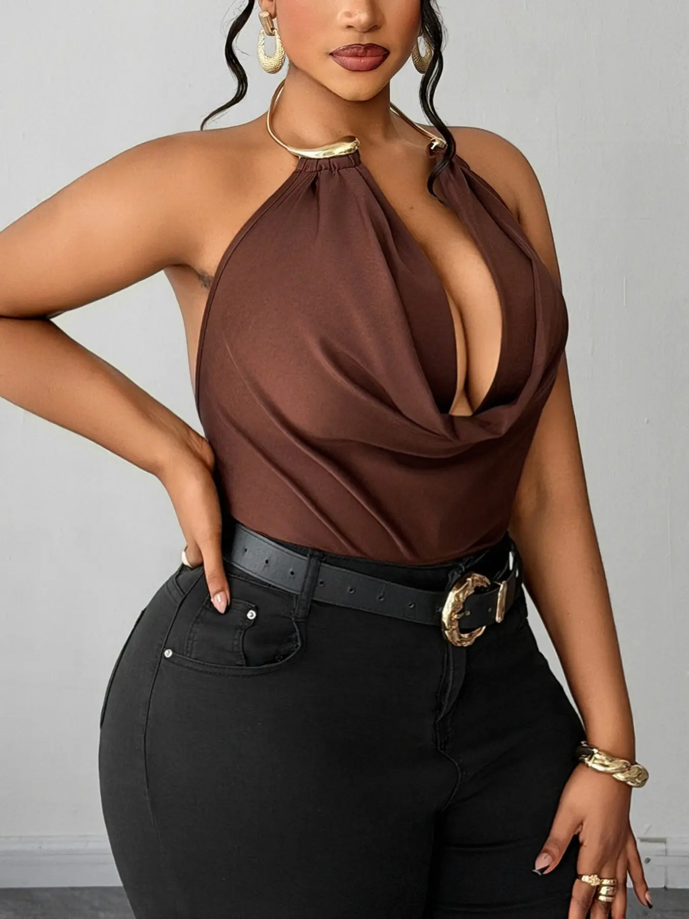 Plus Size Women's Solid Color Drop Shoulder Pleated Casual Daily Wear Overall Fit, Comfortable and Stylish Design for Everyday Use
