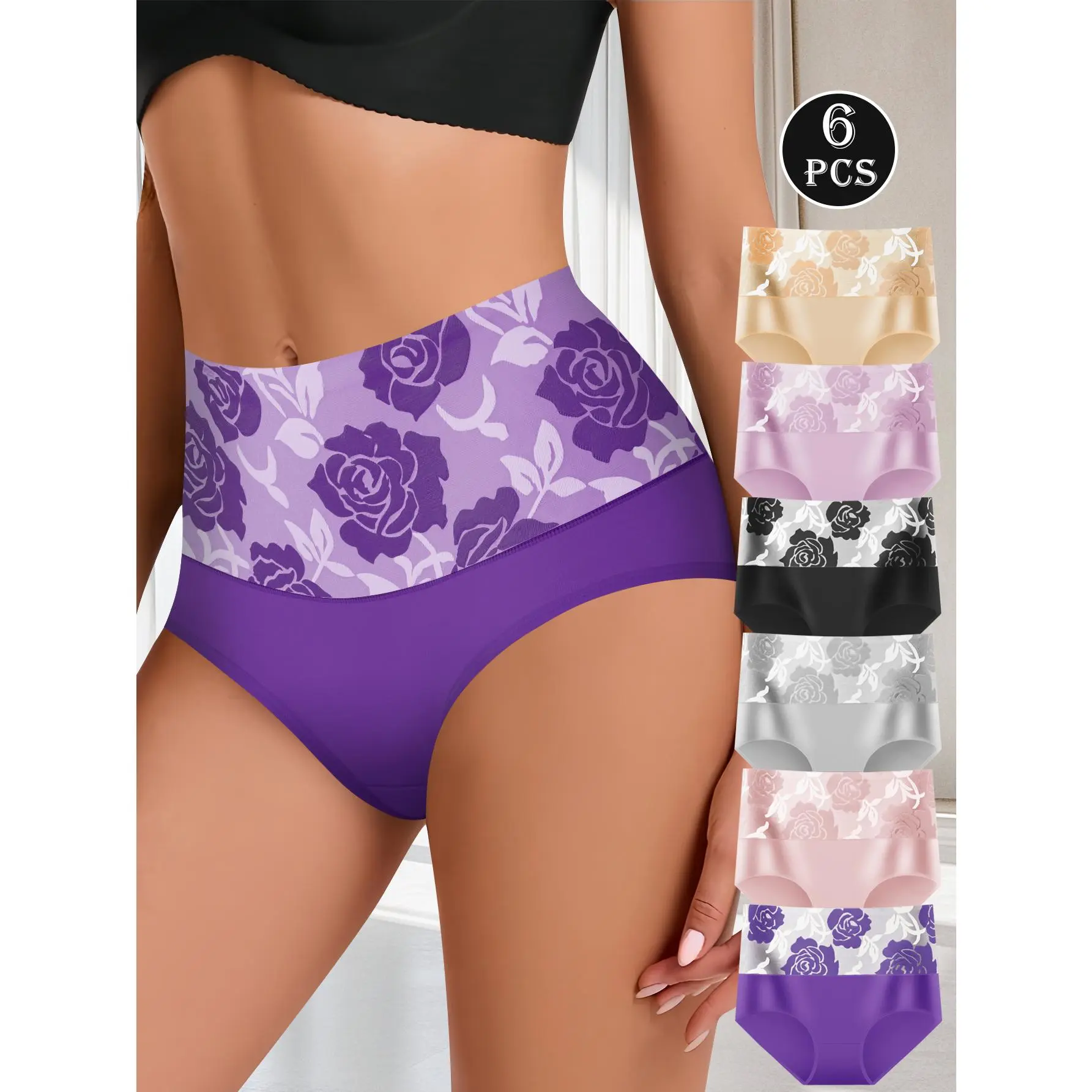 QUASTI Women's High Waist Cotton Panties - 6pcs Skinny Smooth Floral Full Coverage Briefs, Soft Seamless No-Show Underwear with High Elasticity, Breathable Everyday Panty (S-XXL) Style Womenswear