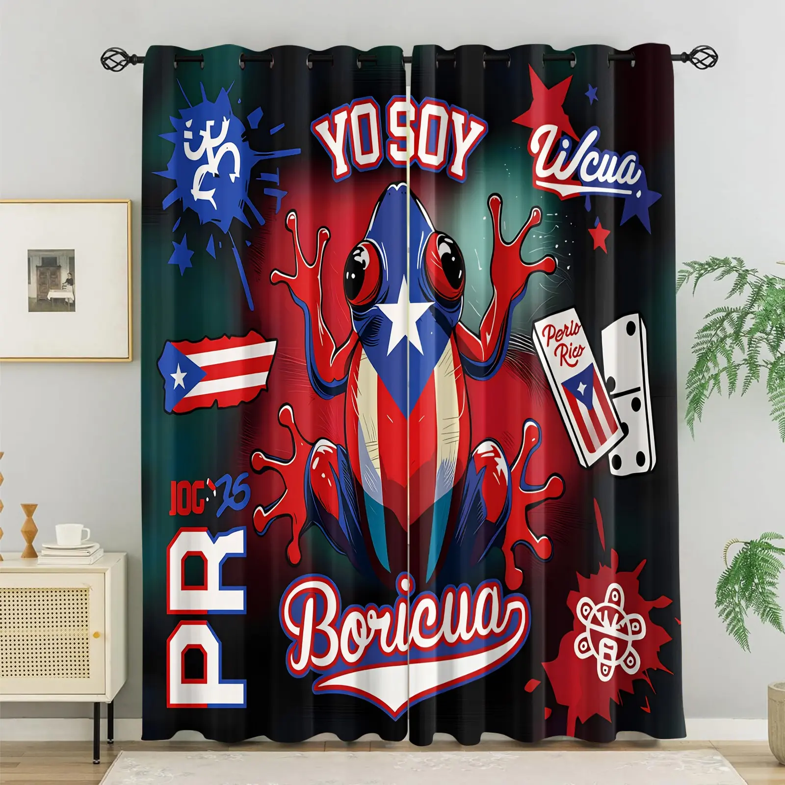 2 Panels Puerto Rico Coqui Frog & Boricua Print Blackout Curtains, Dark Background PR Flag Frog Domino & Cultural Symbols Pattern, Soft Fabric, Patriotic Puerto Rican Bedroom Decor, Multiple Sizes Available