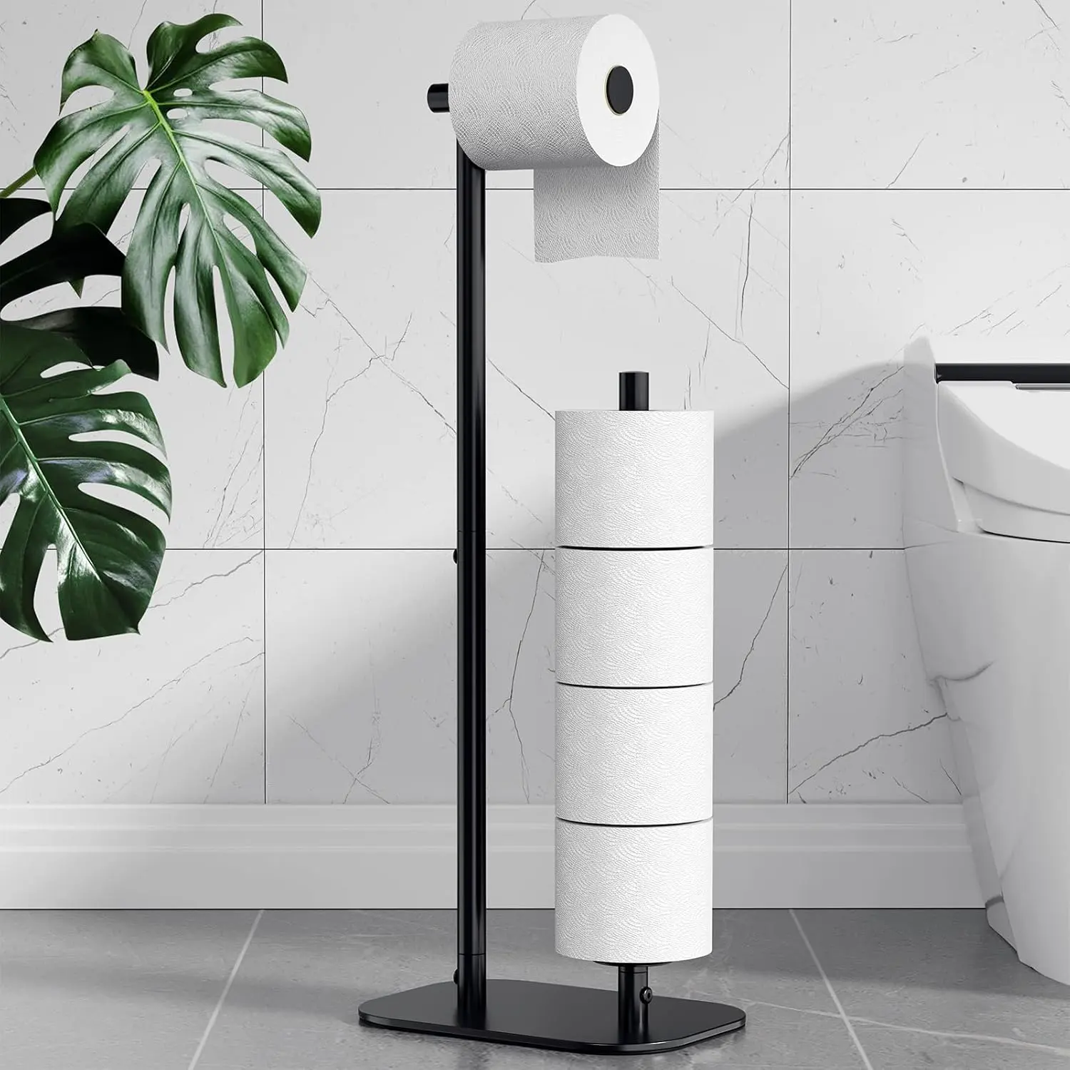 Paper Holder Free Standing - Large Capacity Paper Holder for 4 Rolls, Rustproof Paper Stand with Non-Slip Stable Base, Black, Large
