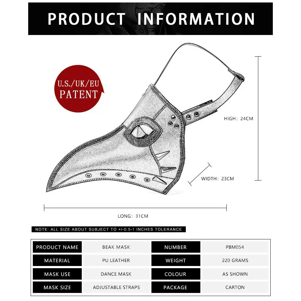 PU Leather Halloween Plague Bird Doctor Mask Set with Adjustable Headband, Glasses, Lightweight Polyester Cosplay Prop, Fashion Accessory, Party Supply, As Shown
