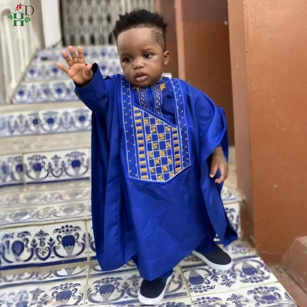 2025 African Tradition Clothes For Kids Boys White Blue Long Sleeve Tops Embroidery Dashiki Robe Shirt Pant Child Set 3 PCS