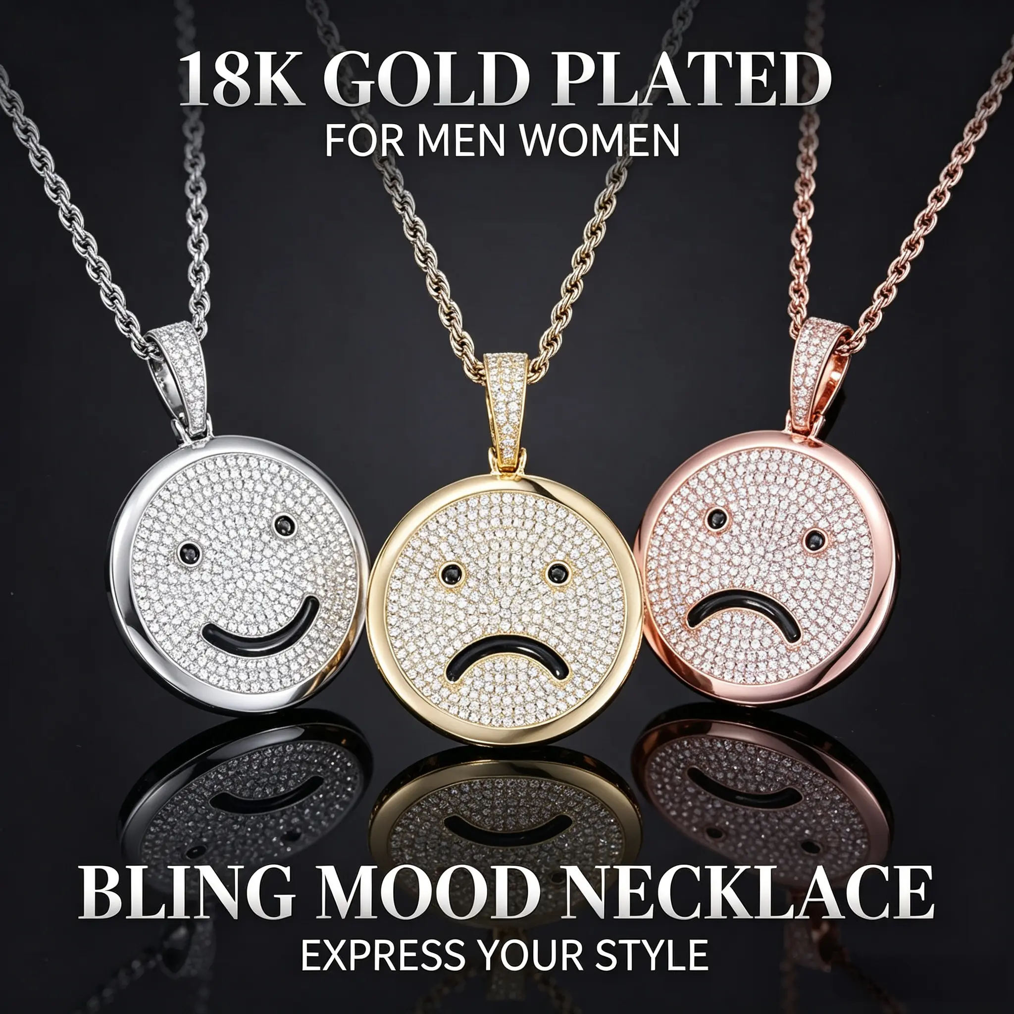 18K Gold Plated Iced Out Emoji Smile Face&Sadness Face Pendant Necklace,Mood Switch Expression Jewelry for Men Women,Funny Emotional Charm,Y2K Streetwear Hip Hop Fashion Chain, Trendy Personality Bling,Party Festival Girlfriend Boyfriend Birthday FYP Gift