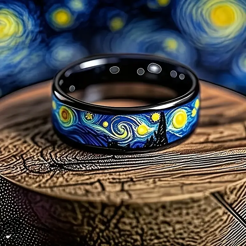 Men's 8mm 304 304L Stainless Steel ring-a work of art inspired by Van Gogh's starry night, with carbonized black surface, vivid blue whirlpool, retro-style wedding and daily jewelry, the perfect gift for Valentine's Day, Father's Day and Mother's Day.
