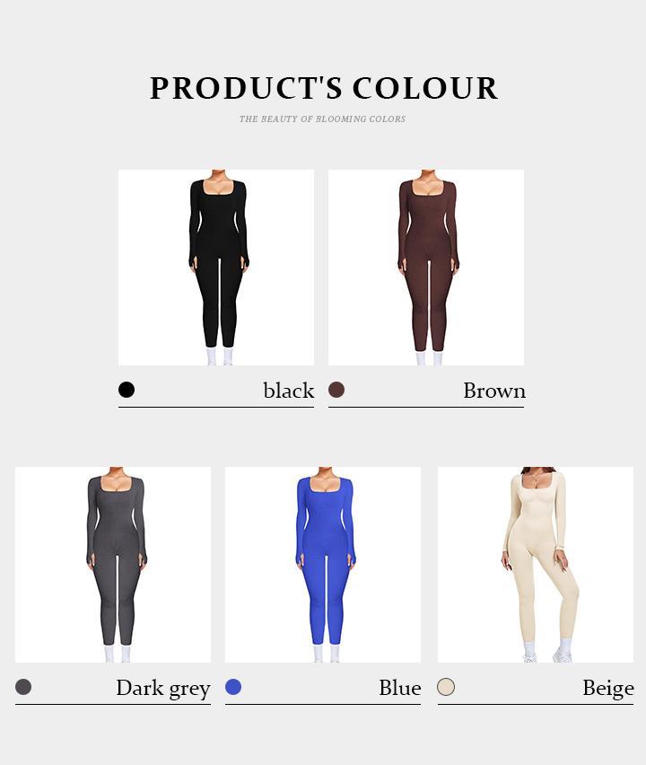 Workout Solid Color U Neck Seamless Long Sleeve Yoga Jumpsuit, Jumpsuit for Daily Outdoor Wear, Plain Thumb Holes Sportswear