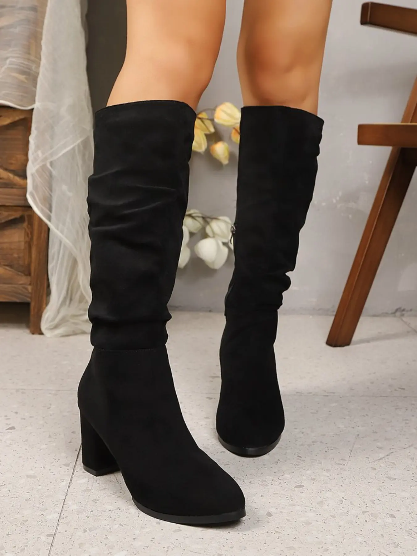 Vintage Foggy Texture Boots, Women, Natural Wrinkle Design, Round Toe, Chunky Heel, Zipper Closure, Knee-High Straight Leg, All Seasons