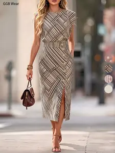 New Fashion Slimming Dress for Daily Commute, Button Split Midi Print Dress, Versatile Women's Clothing, Stylish and Comfortable