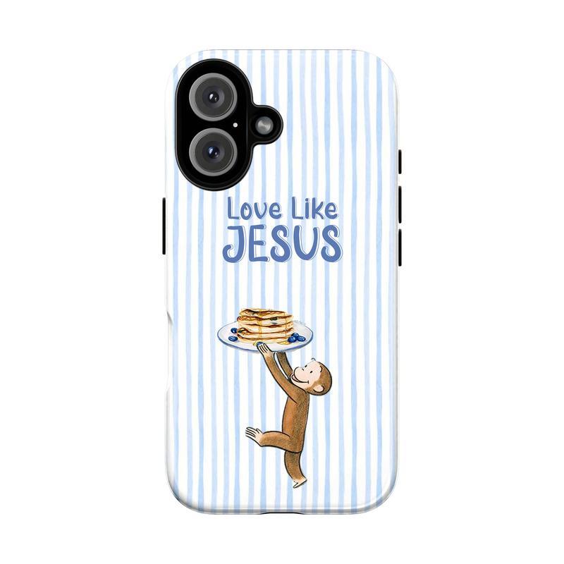 Curious George IPhone Case, Cartoon Monkey Phone Cover with Love Like Jesus Bible Verse and Pancake Design Phone Case Suitable for IPhone 17, 16, 15, 14, 13, 12, 11 Pro Max, X, XR, XS Max, 8, and 7 Plus