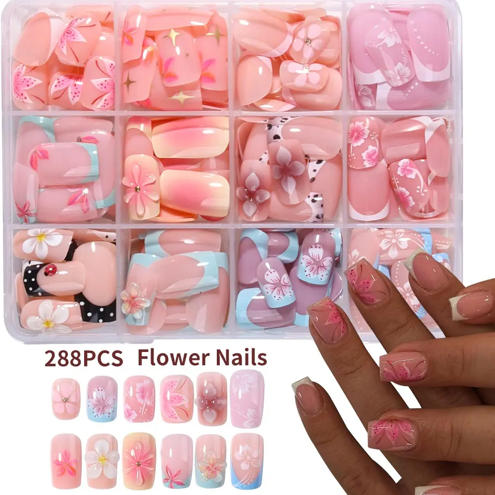 288pcs Short Square Press-On Nails, Fake Nails, 3D Gel Nail Art Set, Spring Summer Colors, Peony Flower Design, Acrylic Material, Perfect Fit Kit