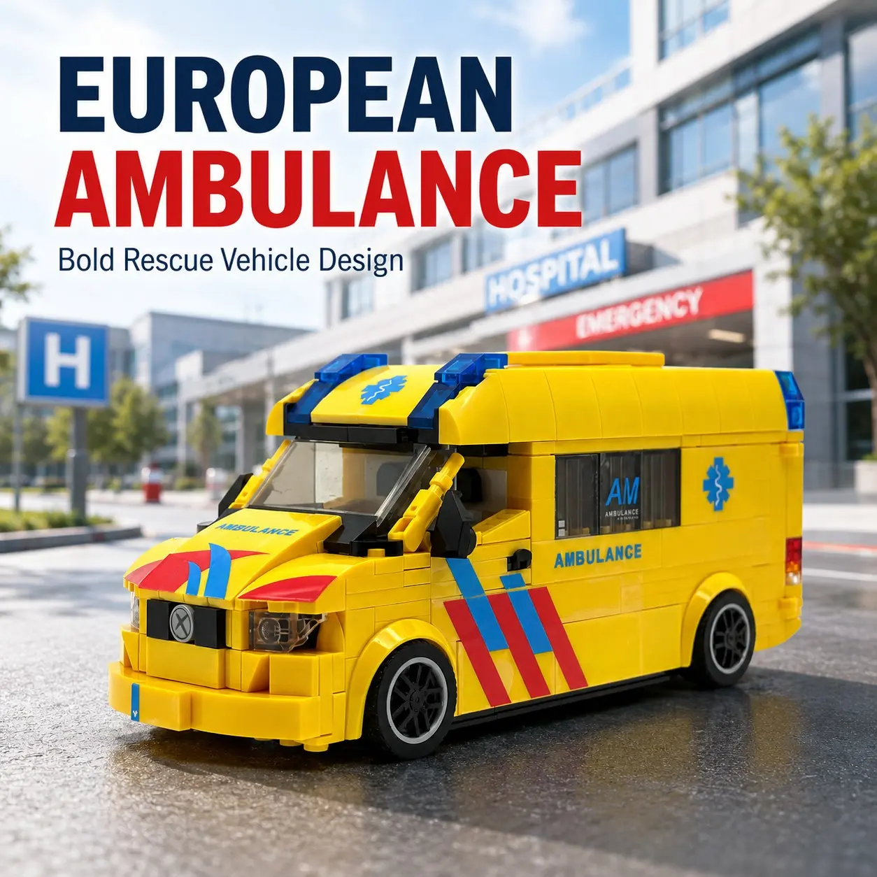 European Ambulance Building Block Model with Removable Roof, Opening Side and Rear Doors, Detailed Driver Cab and Medical Interior, Rolling Wheels, Wheeled Stretcher and Emergency Vehicle Features, Creative Building Toys for Display and Vehicle Collectors