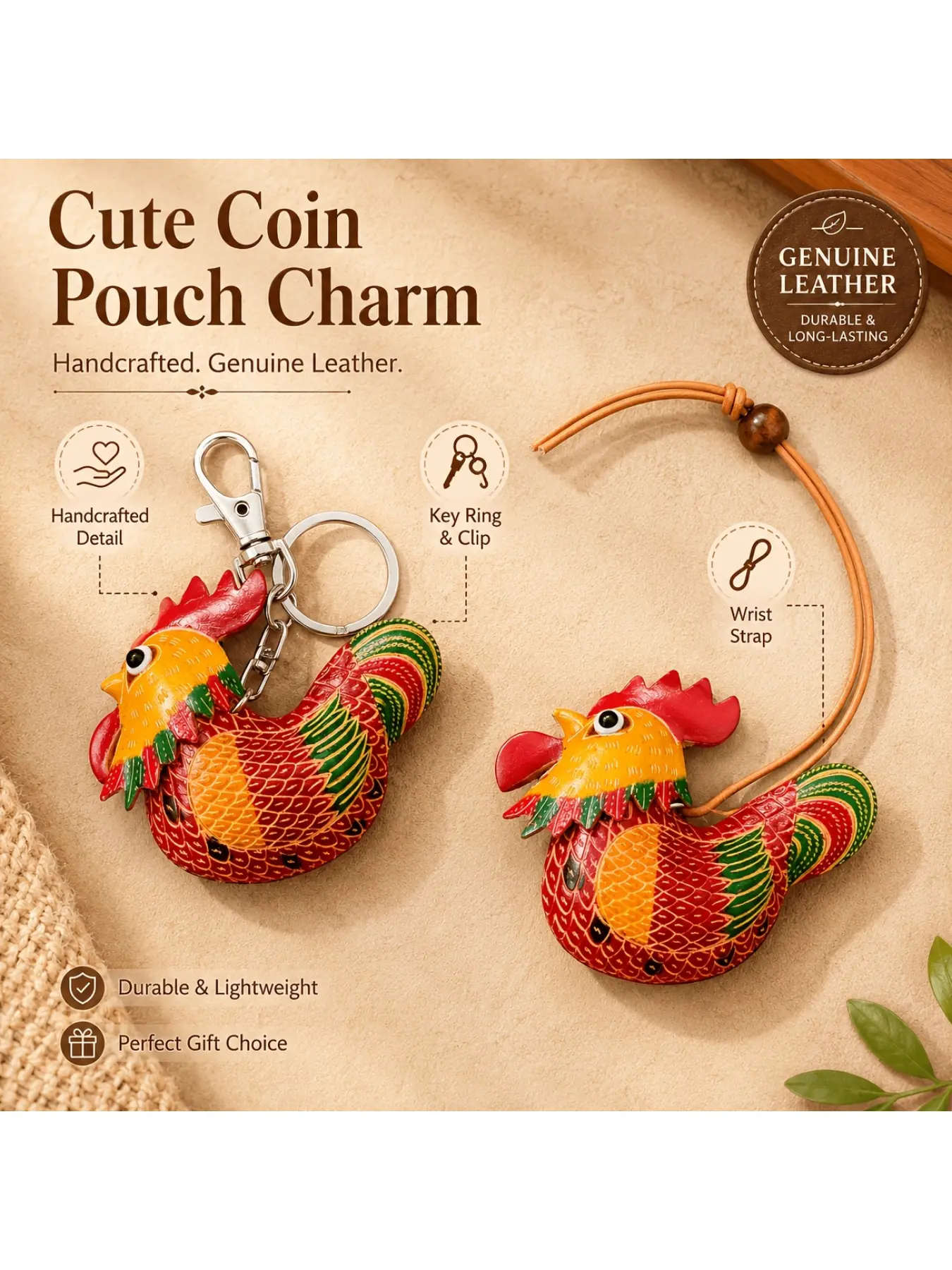 Rooster Genuine Leather Keychain, Handmade Colorful Farm Bird Pendant, Retro Folk Art Style, Great Gift for All Ages, Trendy Daily Accessory & Backpack Decor