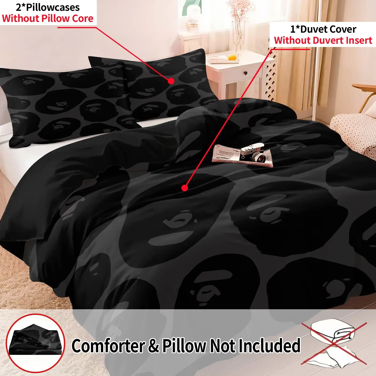 3PCS Black Dark Gray Ape Head Graphic Decorative Bedding Set, Includes 1 Duvet Cover (No Insert) + 2 Pillowcases, Soft Comfortable Breathable All Seasons, High Definition Digital Print, Ideal Gift For Street Style Teens Bedroom Dorm Decor