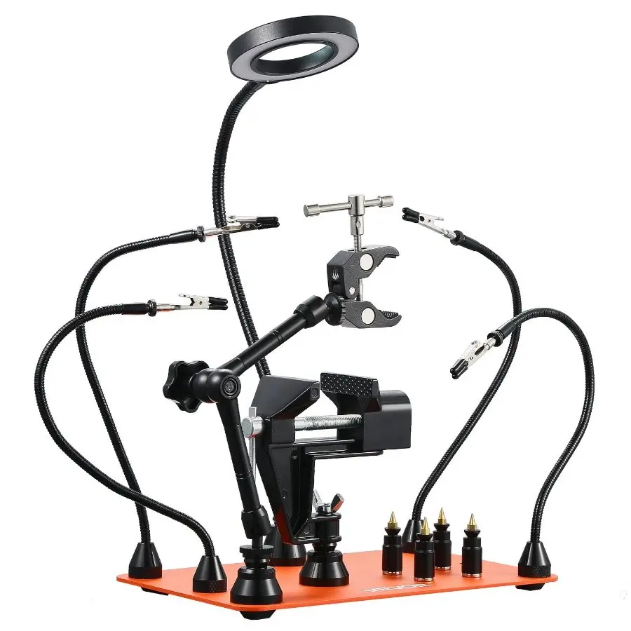 VEVOR 4-Arms Magnetic Helping Hands Soldering Station, Third Hand Tool with Vise, 3X LED Magnifying Lamp, 4 PCB Holders, 360-Degree Hot Air Gun Holder for Electronic Repair, DIY Projects