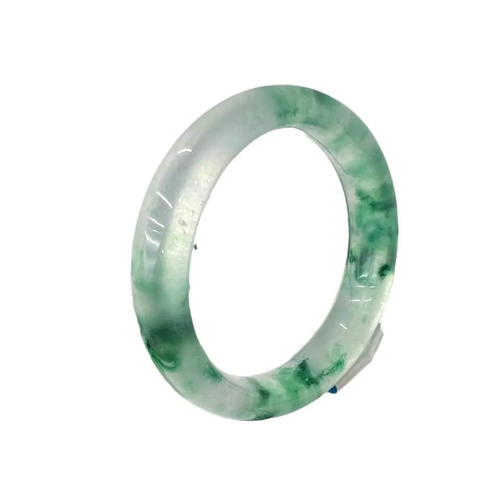 Flat-banded jadeite bangle with floating blue flowers, nephrite jade bangle, quartzite bangle