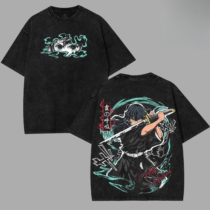 Muichirou Tokito Demon Slayer Graphic Tee – Mist Hashira v5 Anime Shirt, Double-Printed Acid-Washed 90s Vintage Top, Distressed Unisex Menswear Streetwear for Casual, Party, Convention, and Anime Fans