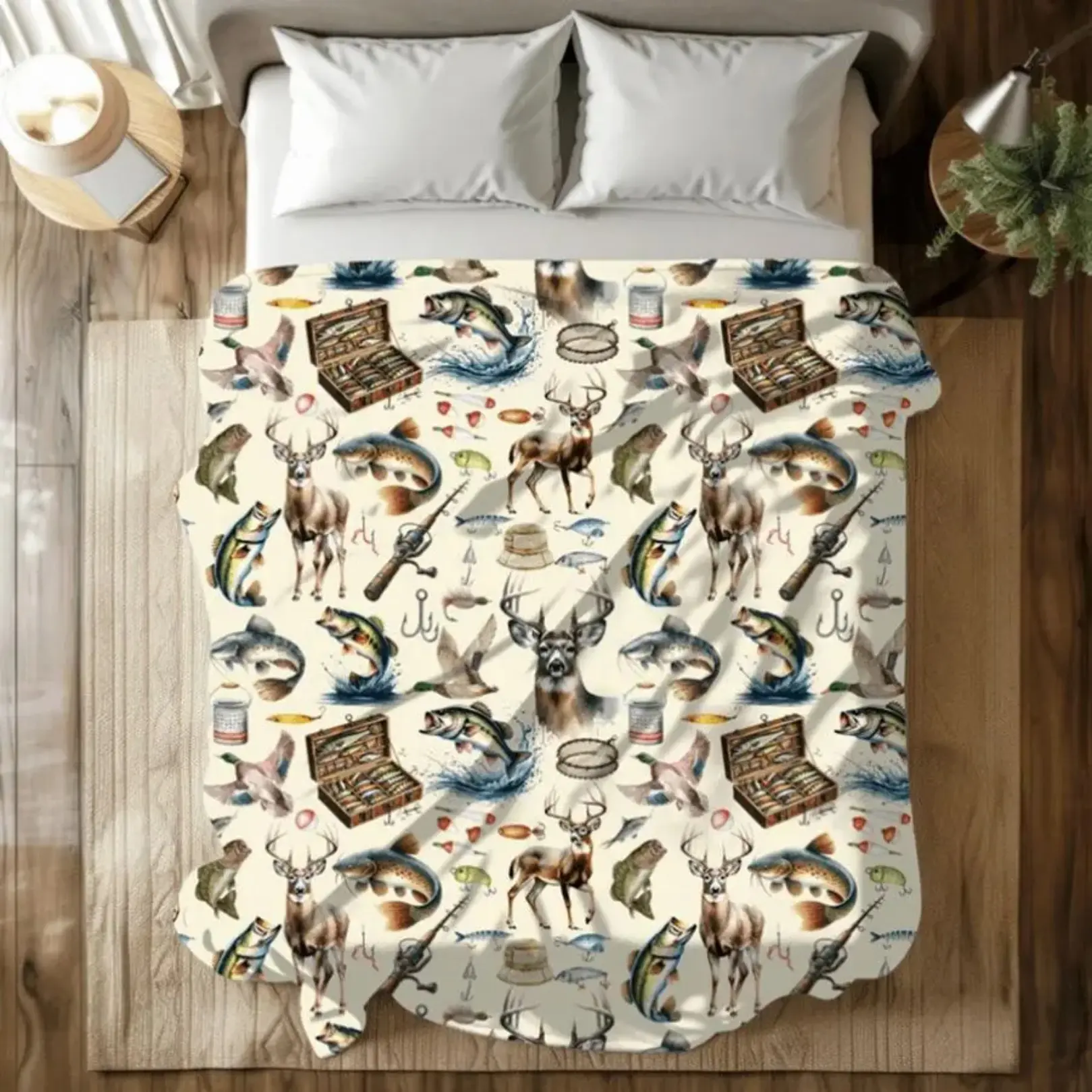 Vintage Hunting & Fishing Pattern Blanket, Figure Print Blanket, 1 Count Soft Plush, Cool Bedroom Bedding Blankets for Home Office Travel Dormitory Camping, Perfect Birthday Christmas Father’s Day Holiday Gift for Outdoor Hunter Fisherman Man Cave Cabin