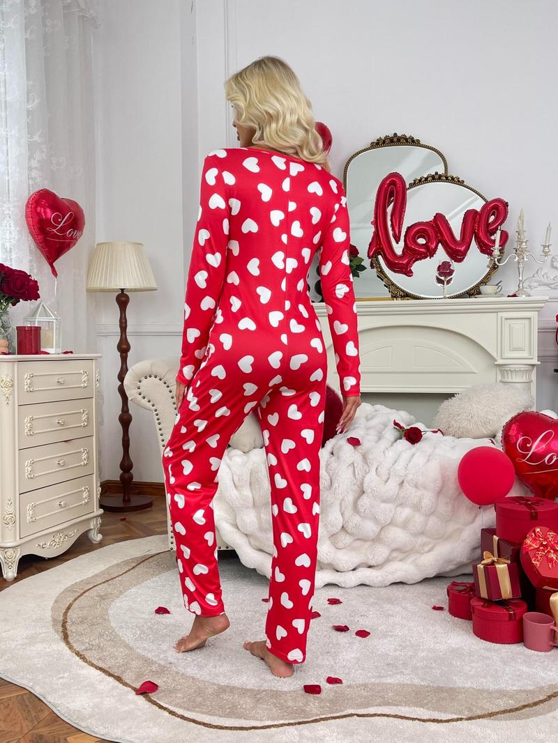 Women's Christmas Themed Print Button Front Lounge Jumpsuit, Casual Comfy Long Sleeve V Neck Jumpsuit, Ladies Sleepwear for Fall & Winter Pajama Onesies