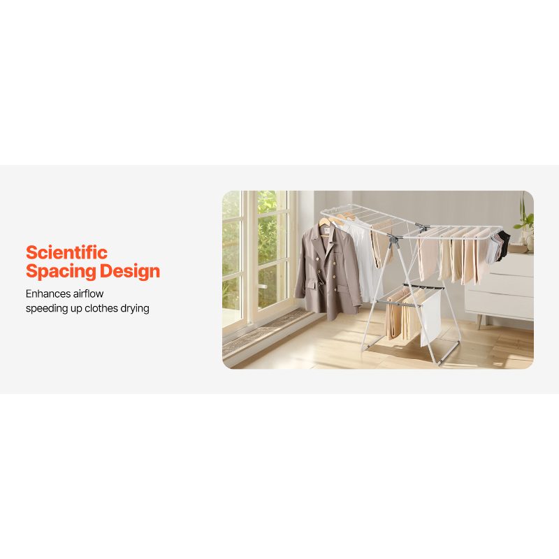 VEVOR Clothes Drying Rack, 2-Tier Foldable Laundry Dryer Rack with Sock Clips 21 Drying Rods, Metal Height Adjustable Drying Racks for Outdoor Indoor, Free-Standing Space-Saving Hanger, White