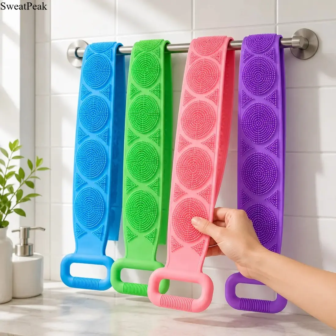 Silicone Body Scrubber for Shower - Long Strap Back Scrubber with Soft Bristles, Double-Sided Exfoliating Bath Tool with Mesh Sponge, Deep Cleanse Gentle Skin Rinse Dry Home Spa Aerobics Leisure Accessory, Double Side, One Unit