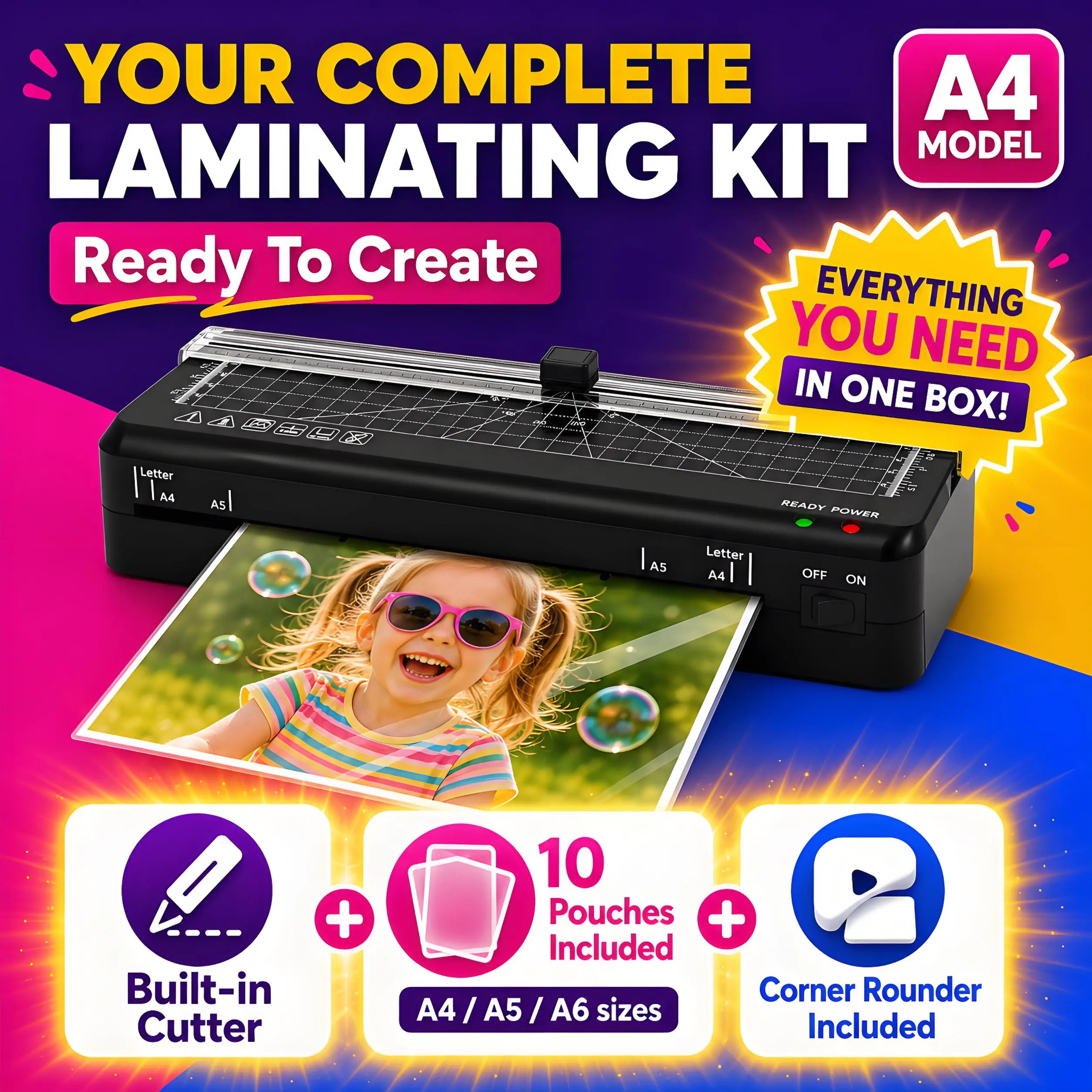 4-in-1 Portable A4 Laminator Machine with Built-in Cutter, 60–90s Warm Up, ABS Jam Release, Corner Rounder and Pouches, Compact Thermal Laminator for Photos, Documents, Cards, Home, Office and School, all in one laminator, laminatorkit