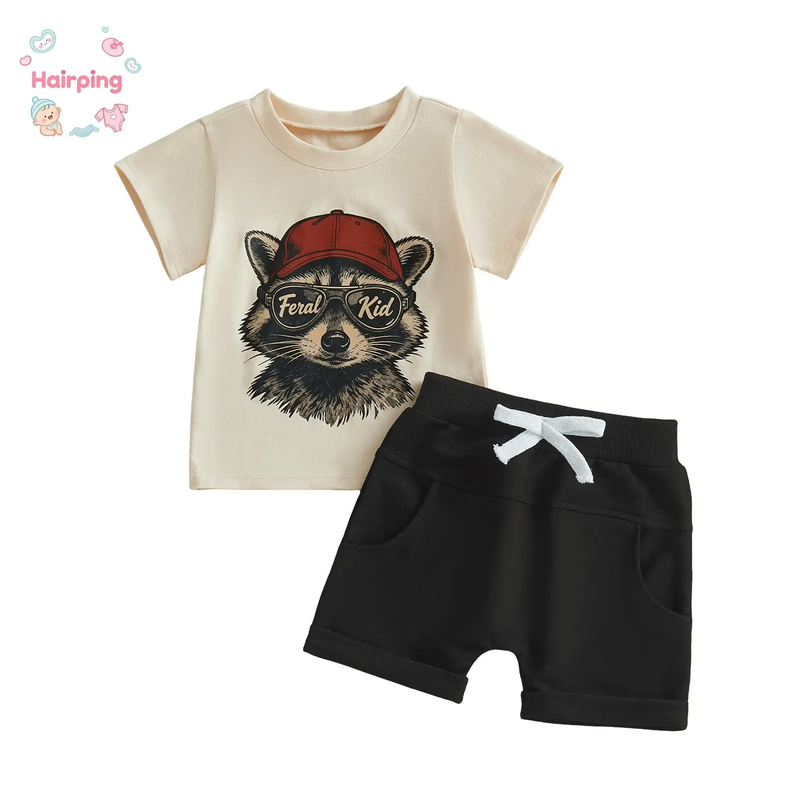 Toddler Baby Boy 2-Piece Summer Casual Set - Raccoon Print Crew Neck Short Sleeve Tops and Shorts