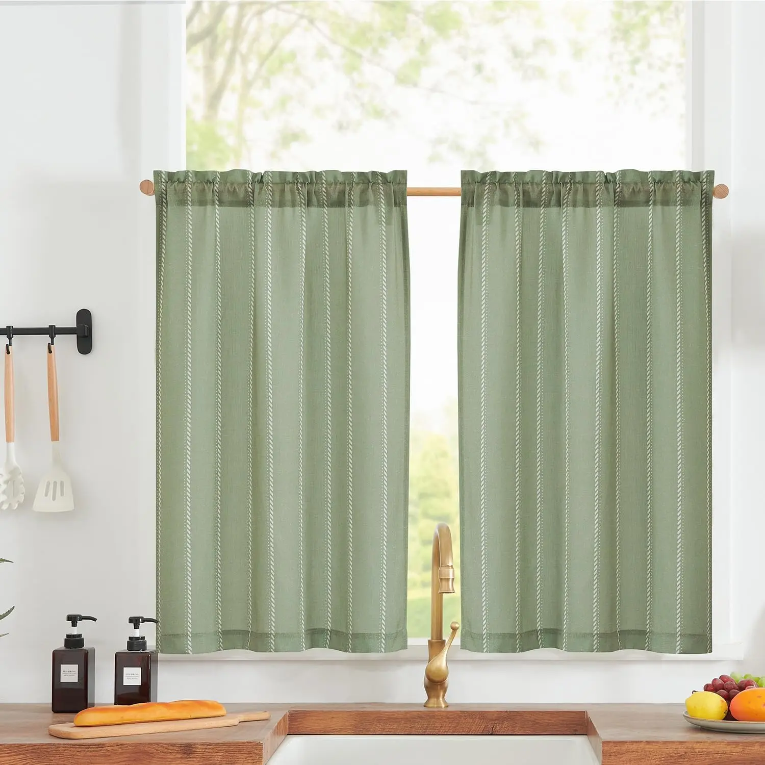 Nautical Striped Linen Kitchen Tier Curtains, 26x36in Pole Pocket Slide-On Panels, Light-Filtering Rustic Green Curtains for Farmhouse Bathroom RV (2 Panels)