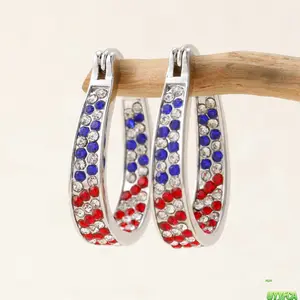 Red White Blue Rhinestone Patriotic Hoop Earrings For Women, 4th of July Oval U Shape Inner Outer Paved Crystal Hoops, Hypoallergenic Silver Plated Jewelry For America 250th Anniversary Veterans Day Daily Party Outfit,4th of july outfits,summerwins