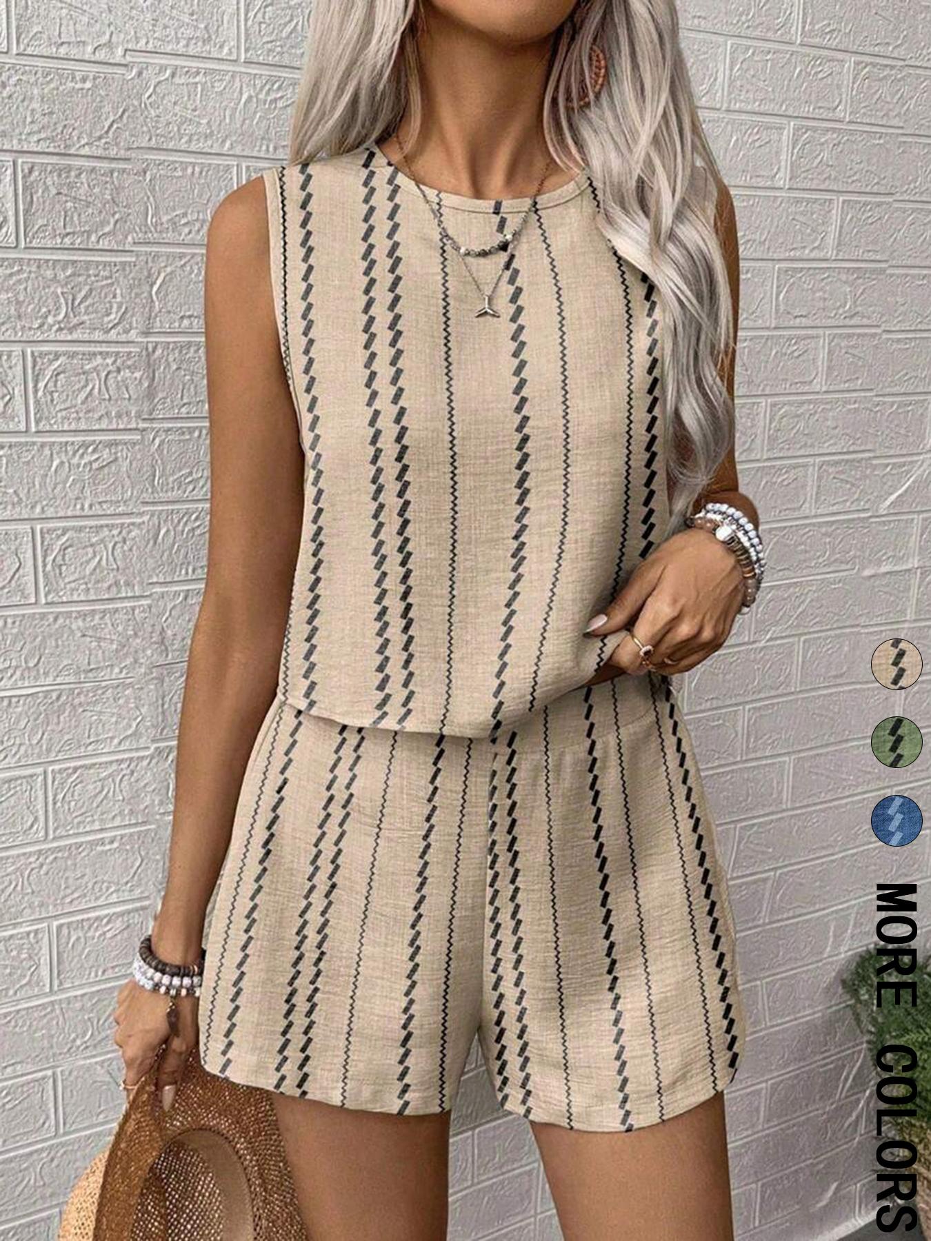 Two-piece Set Women's Striped Print Crop Tank Top & Shorts, Casual Sleeveless Round Neck Top & Shorts for Summer, Ladies Clothes for Daily Wear, Casual Matching Set