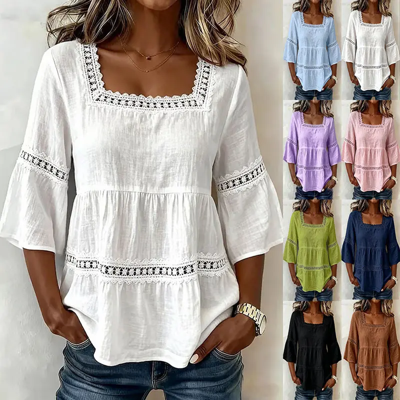 Women’s Boho Square Neck Lace Blouse, 3/4 Bell Sleeve Peplum Tunic Top, Relaxed Casual Summer Shirt for Vacation, Work and Weekend Wear