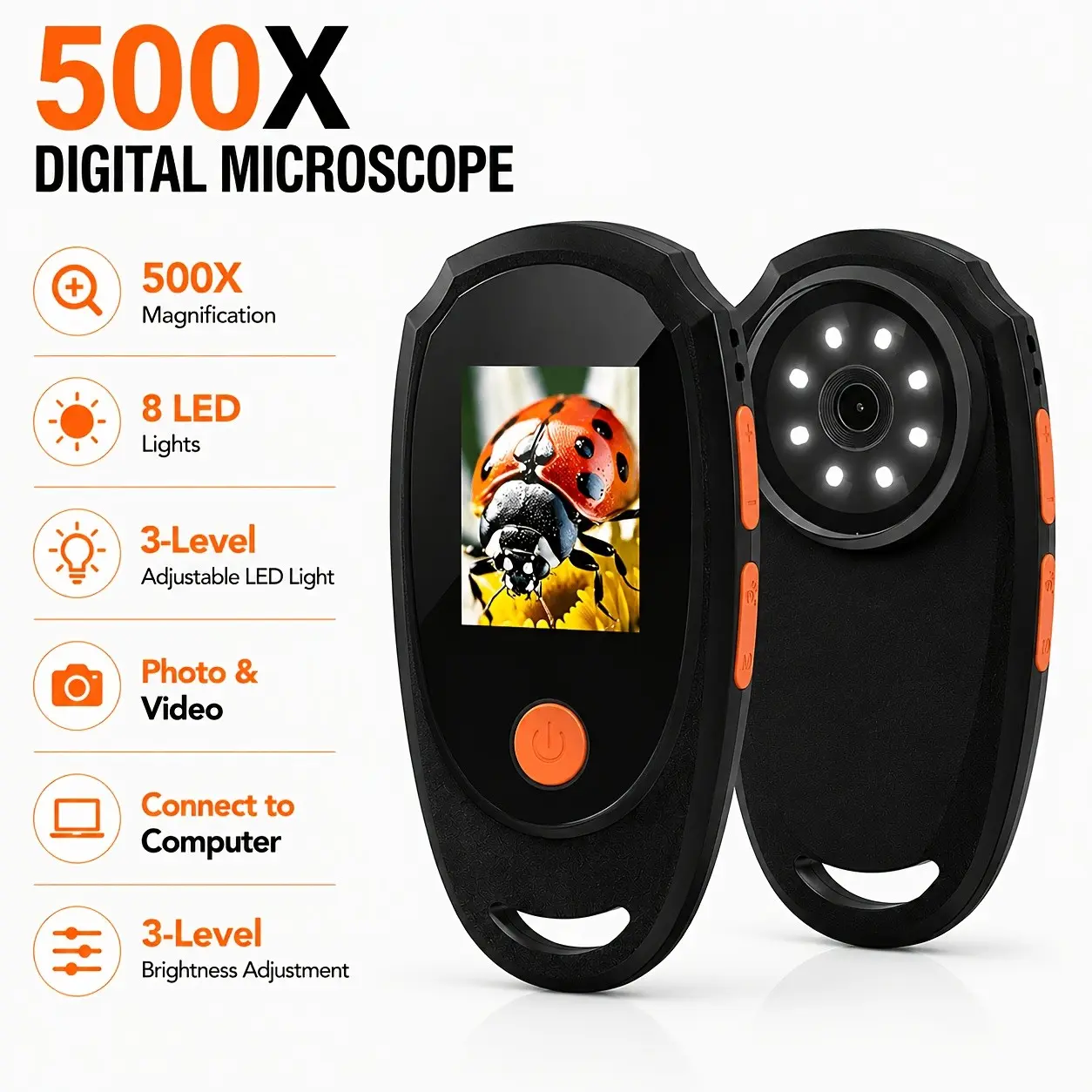 500X Portable Digital Handheld Microscope, High-Precision Inspection Tool with Auto Focus, 2.0-Inch IPS Color Screen, Adjustable Focus, Compatible with Windows And Mac, for Maintenance, Soldering, Research, And Testing (White Or Black)