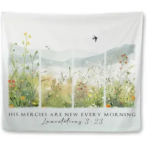 Floral Christian Tapestry Wall Hanging Bible Verse "His Mercy Is New Every Morning" - Horizontal Suitable for Church,, Prayer Room Decor, Easter Gift, Fabric with Scripture Print, 30x40 Inches