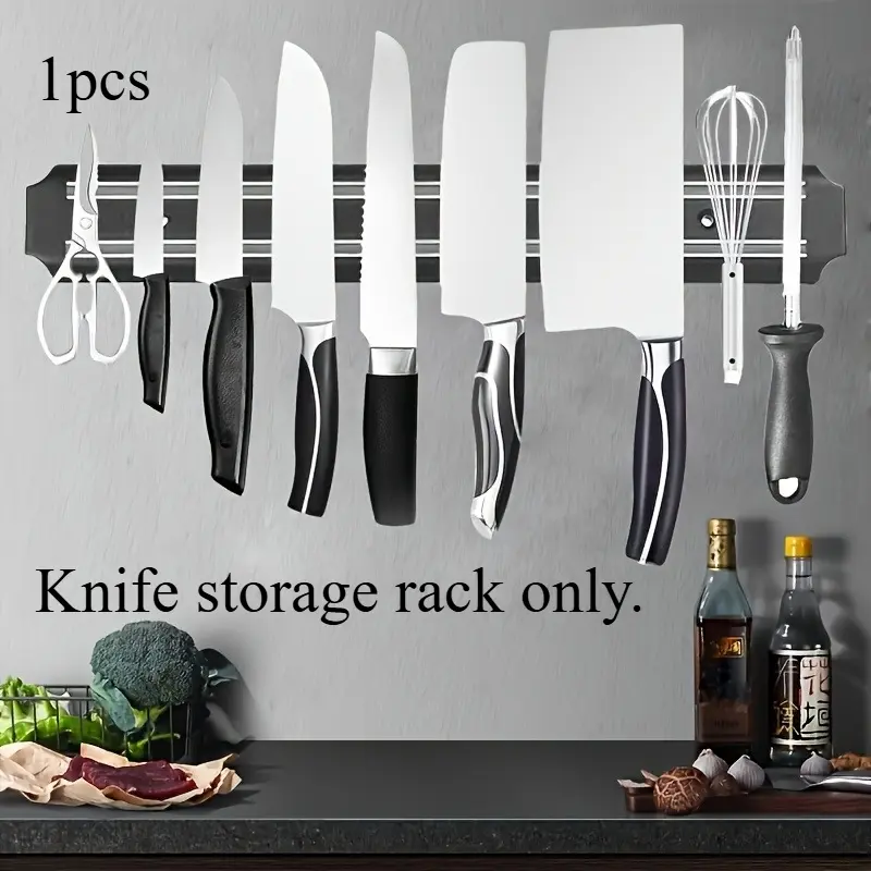 Magnetic wall-mounted knife holder—a drill-free kitchen organizer, Storage Kitchenware, for storing knives and scissors. It is space-saving, stylish, and practical, making it ideal for home kitchens, dining areas, and professional kitchens.
