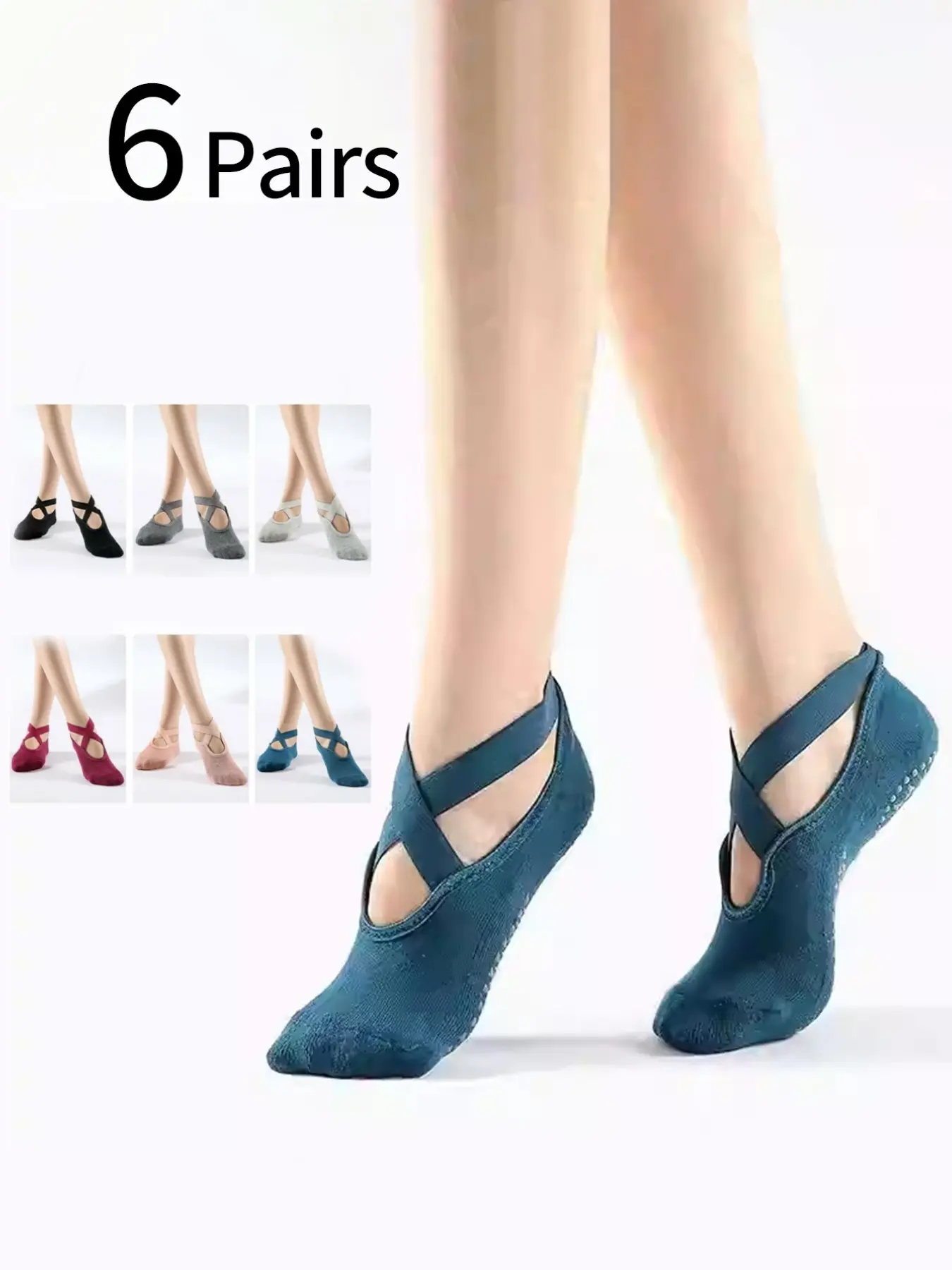 6 Pairs Women's Dance Socks, Non-Slip Durable Ballet Socks, Indoor Sports Anti-Slip Floor Socks, Yoga Tie Socks, Pilates Training Socks