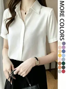 Women's chic button up shirt, Blouse, lightweight formal workwear shirt, multi-color Morandi color series short sleeved shirt suitable for formal occasions, business style commuting versatile top