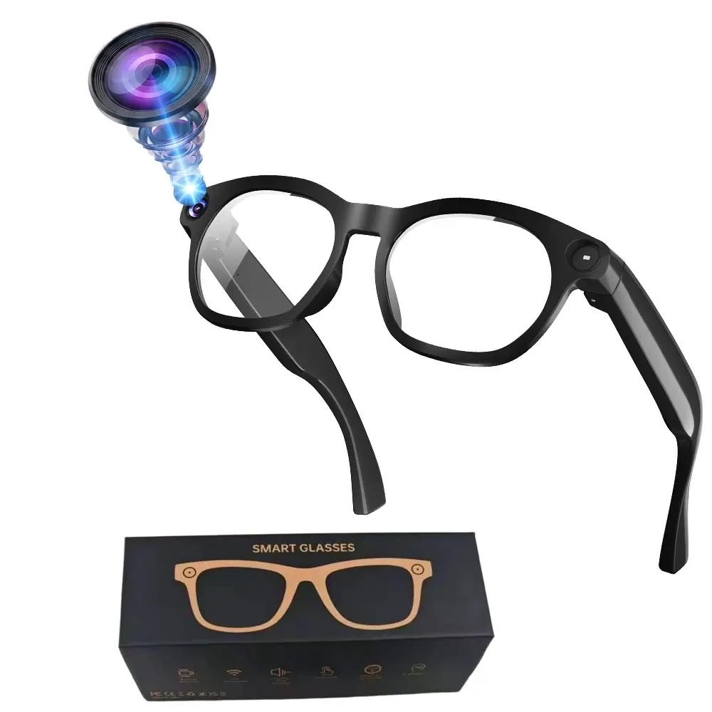 AI Video Glasses, Smart Glasses with 8MP Camera,4GB Memory (No TF Card Need), Video Recording, Build-in Mic & Speakers, Bluetooth Calling, AI Real Time Translation, WiFi Transfer, Type C Charging Support, 2 Lenses Total (Transparent +Black)
