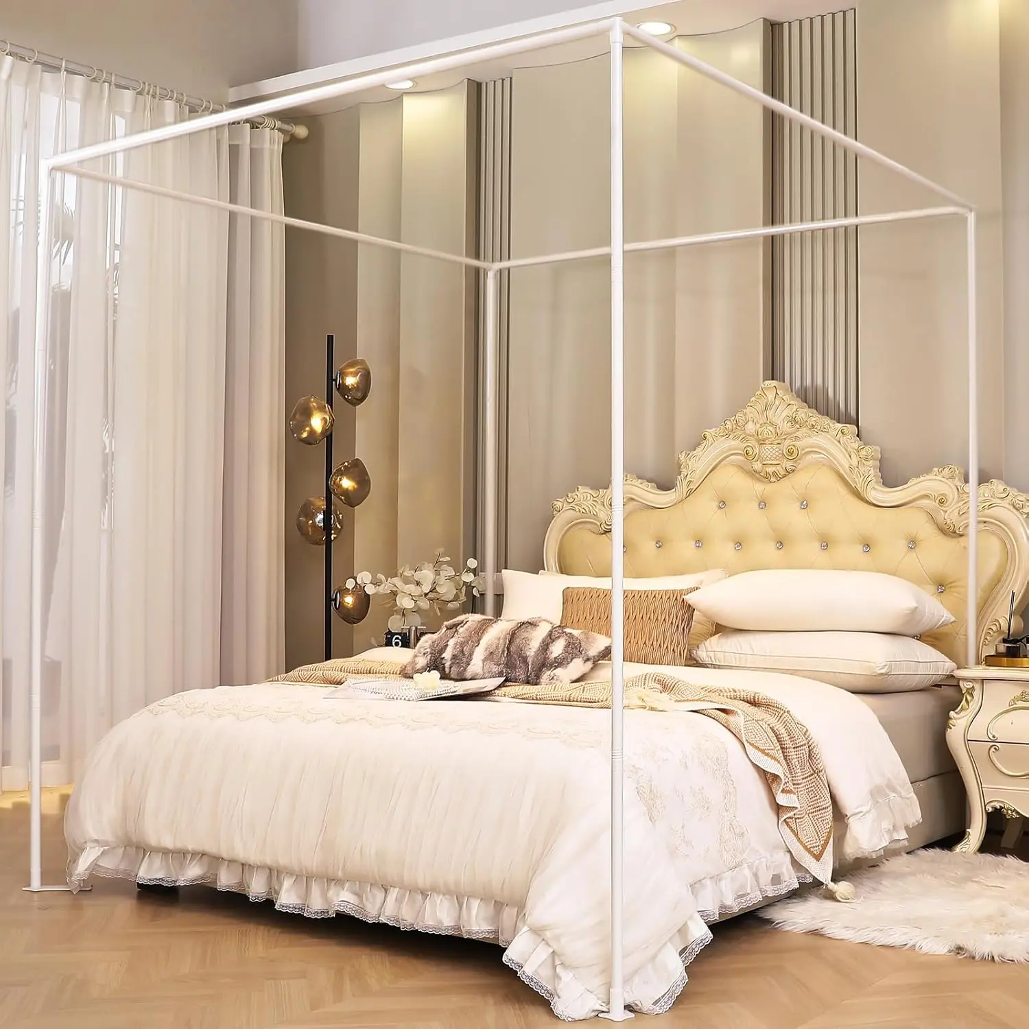 Queen Size Canopy Bed Frame with Outer Support, Thickened Metal Poles & Four Corner Brackets, Compatible with Metal/Wood Base for Bedroom Decor (White)